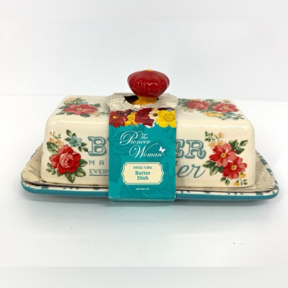 The Pioneer Woman vintage Floral Butter Dish - Red, Cream, and Blue